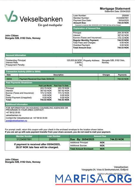 Realistic Norway Vekselbanken mortgage statement Word and PDF template